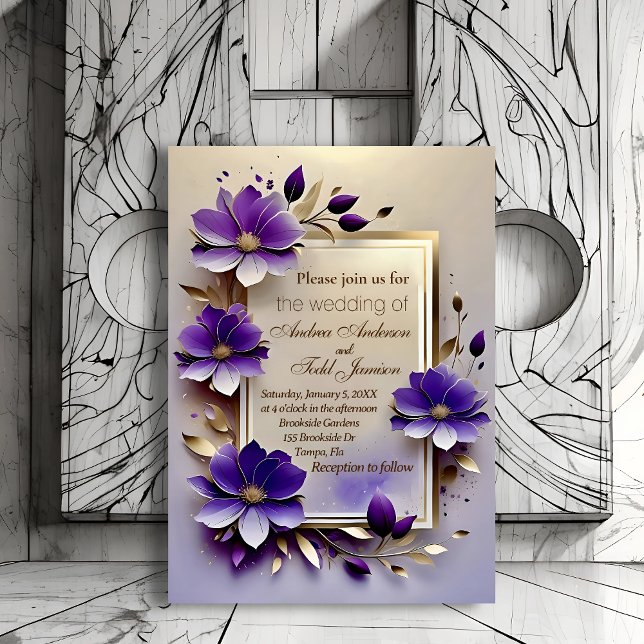 Gold leaf purple flowers wedding  invitation (Creator Uploaded)