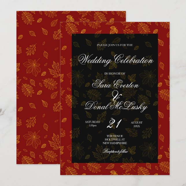 Gold Leaf Red and Black Autumn Wedding Invitation (Front/Back)