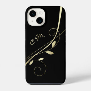 Gold Leaf Swirl Black Monogram iPhone 14 Case