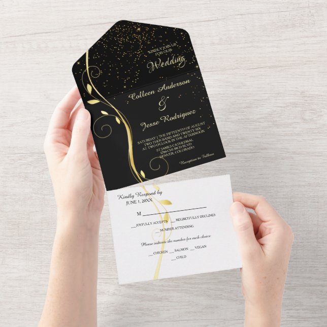 Gold Leaf Swirl Black Photo Template Wedding (Tearaway)