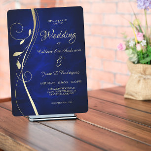 Gold Leaf Swirl Deep Blue Wedding Invitation