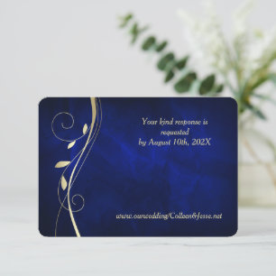 Gold Leaf Swirl Deep Blue Wedding RSVP Card