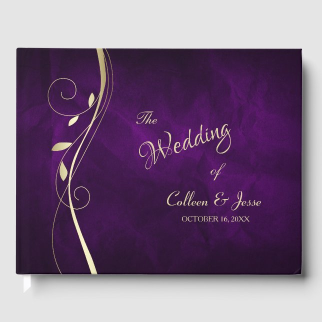 Gold Leaf Swirl Deep Purple Wedding Guest Book (Front)
