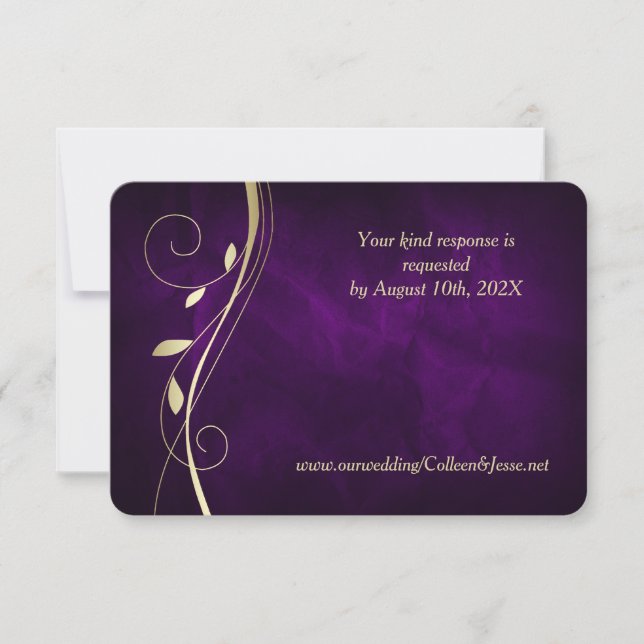 Gold Leaf Swirl Deep Purple Wedding RSVP Card (Front)