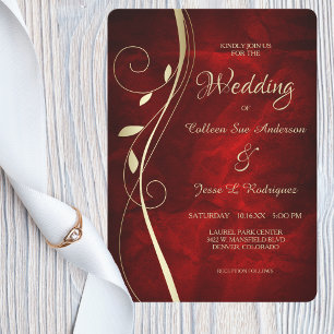 Gold Leaf Swirl Deep Red Wedding Invitation