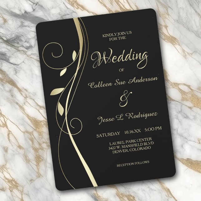 Gold Leaf Swirl Elegant Black Wedding Invitation (Creator Uploaded)