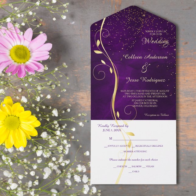 Gold Leaf Swirl Purple Photo Template Wedding (Creator Uploaded)