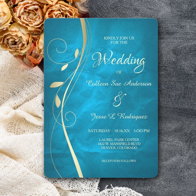 Gold Leaf Swirl Teal Blue Wedding Invitation (Creator Uploaded)