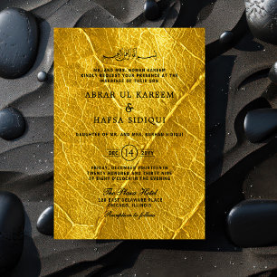 Gold Leaf Textured Islamic Wedding Monogram        Invitation