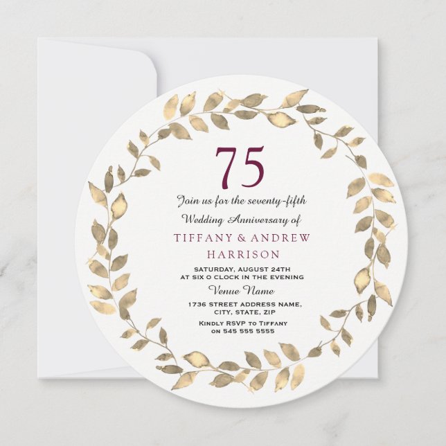 Gold Leaf Wreath 75th Wedding Anniversary Invite (Front)
