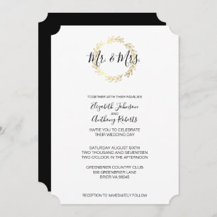Gold Leaf Wreath & Black and White Script Wedding Invitation