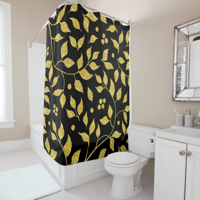 Gold Leafs PatternOn Black Shower Curtain (In Situ)