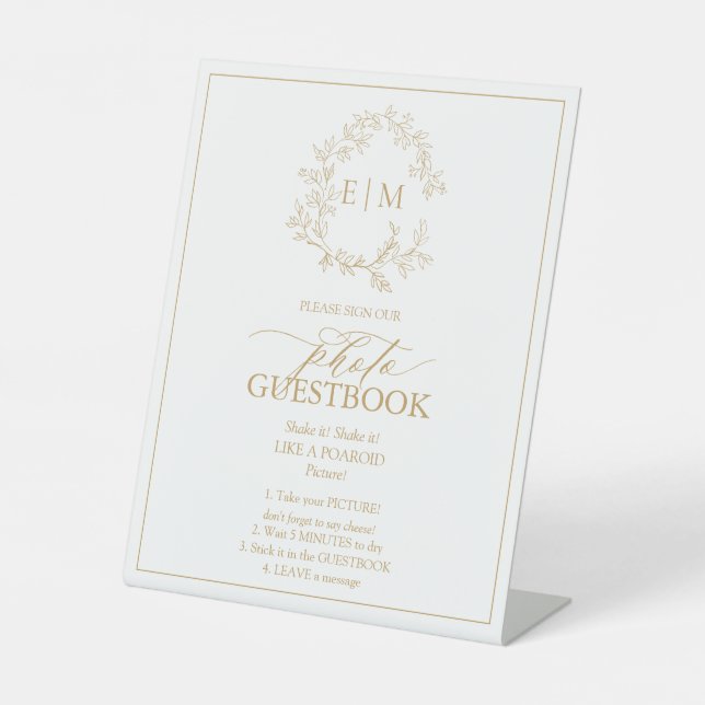 Gold Leafy Crest Monogram Photo Guestbook Pedestal Sign (Front)