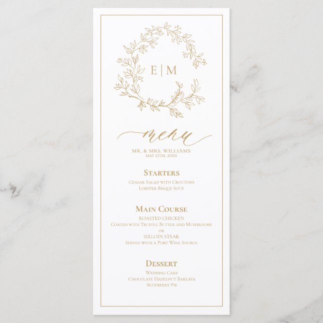 Gold Leafy Crest Monogram Wedding Menu (Front)