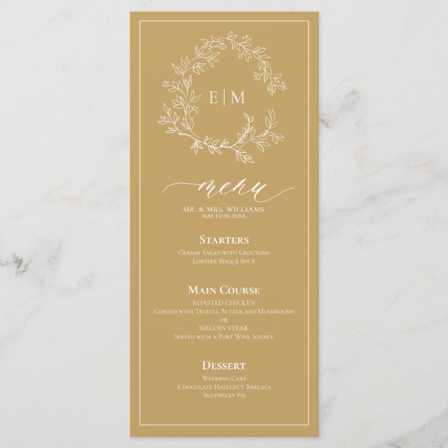 Gold Leafy Crest Monogram Wedding Menu (Front)