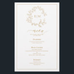 Gold Leafy Crest Monogram Wedding Menu<br><div class="desc">Create the perfect reception setting! We're loving this trendy, modern gold 5.5"x 8.5" wedding menu! Simple, elegant, and oh-so-pretty, it features a hand drawn leafy wreath encircling a modern wedding monogram. It is personalised in elegant typography, and accented with hand-lettered calligraphy. Finally, it is trimmed in a delicate frame. Veiw...</div>