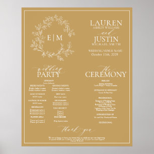 Gold Leafy Crest Monogram Wedding Program Poster