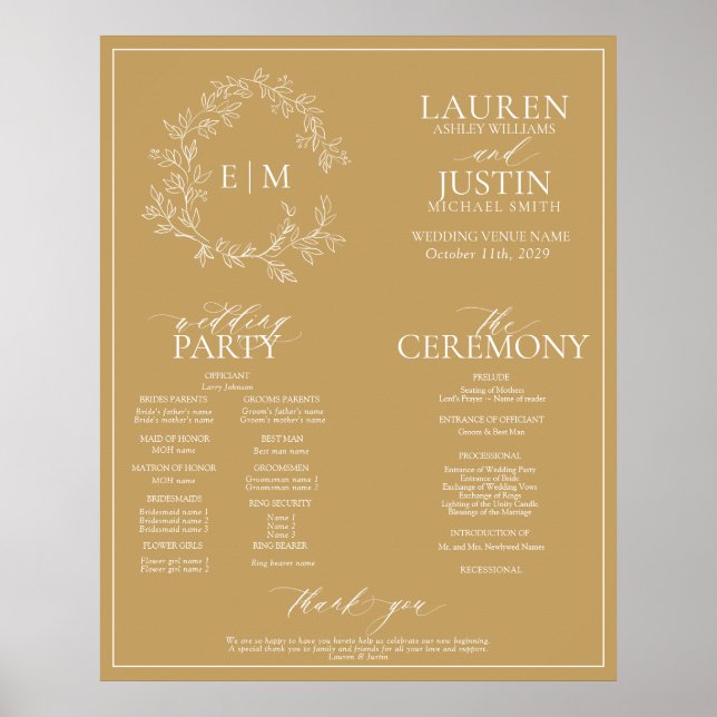 Gold Leafy Crest Monogram Wedding Program Poster (Front)