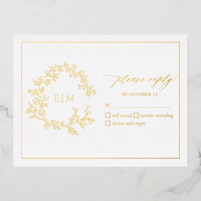 Gold Leafy Crest Monogram Wedding RSVP Card (Front)
