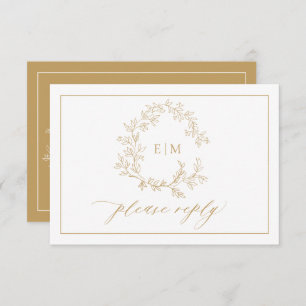 Gold Leafy Crest Monogram Wedding RSVP Card