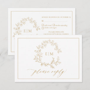 Gold Leafy Crest Monogram Wedding RSVP Card