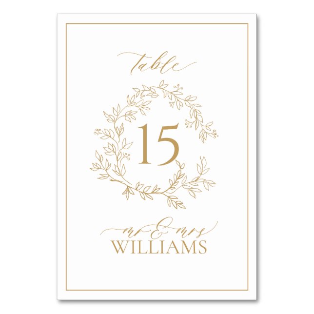 Gold Leafy Crest Monogram Wedding Table Number (Front)