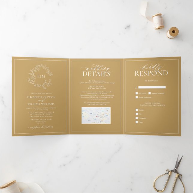 Gold Leafy Crest Monogram Wedding Tri-Fold Invitation (Inside)