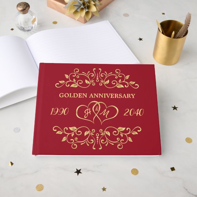 Gold leafy Swirls Hearts 50th Wedding Anniversary Guest Book (Front Open)
