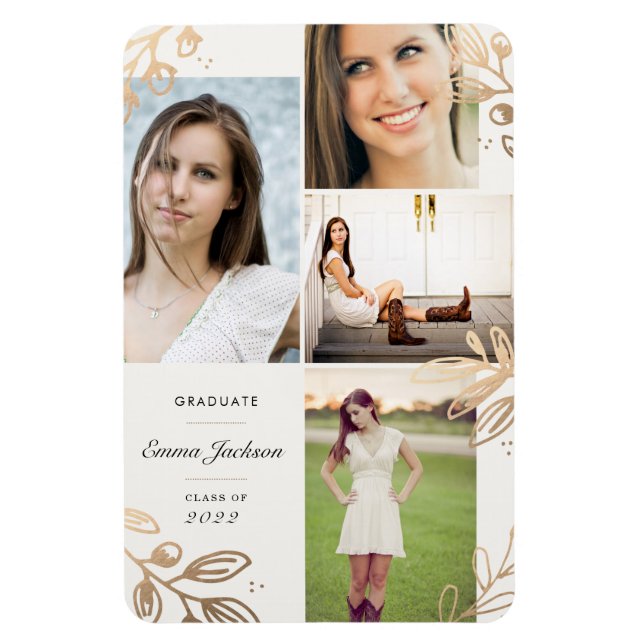 Gold Leaves 4 Photo Grad Announcement Magnet (Vertical)