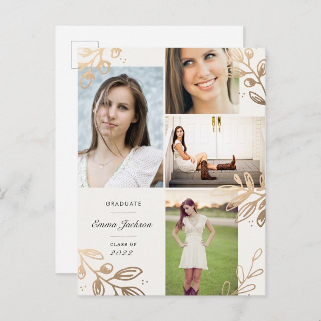 Gold Leaves 4 Photo Grad Announcement Postcard (Front/Back)