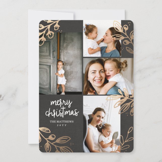 Gold Leaves 4 Photo Holiday Card (Front)