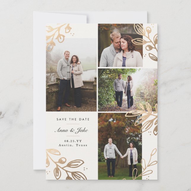 Gold Leaves 4 Photo Save the Date (Front)