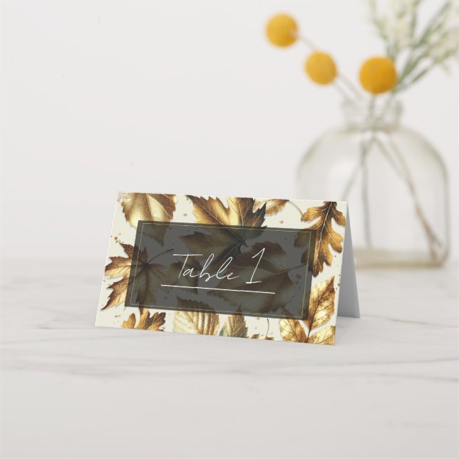 Gold Leaves Almond Beige & Black Fall Wedding Place Card (Front)