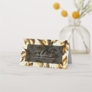 Gold Leaves Almond Beige & Black Fall Wedding Place Card