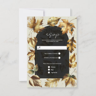 Gold Leaves Almond & Beige Black Glam Fall RSVP Card