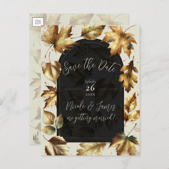 Gold Leaves Almond & Beige Black Glam Fall Wedding Announcement Postcard (Front/Back)