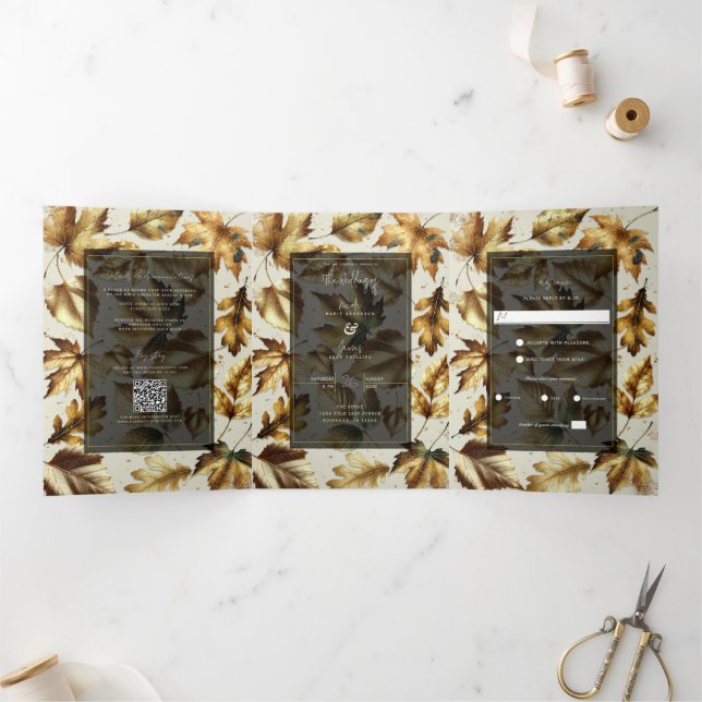 Gold Leaves Almond Beige & Black Glam Fall Wedding Tri-Fold Invitation (Inside)