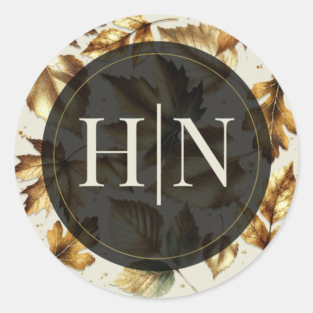 Gold Leaves Almond Beige Cream Black Fall Wedding Classic Round Sticker (Front)