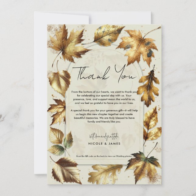 Gold Leaves Almond Beige Fall Wedding Thank You Invitation (Front)