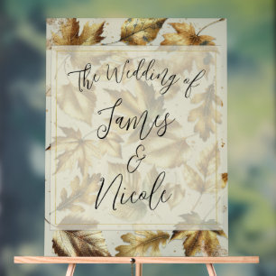 Gold Leaves Almond Beige Glam Fall Wedding Acrylic Sign