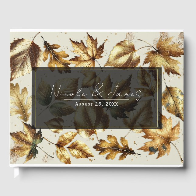 Gold Leaves Almond Beige Glam Fall Wedding Guest Book (Front)