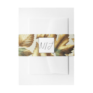 Gold Leaves Almond Beige Glam Fall Wedding Invitation Belly Band