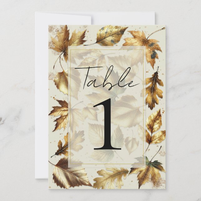 Gold Leaves Almond Beige Glam Wedding Table Invitation (Front)