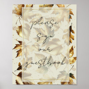 Gold Leaves Almond Beige Wedding Guestbook Sign