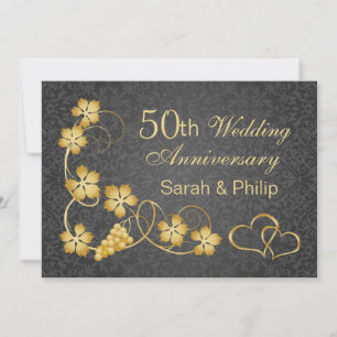 Gold leaves and joined hearts 50th Anniversary Invitation