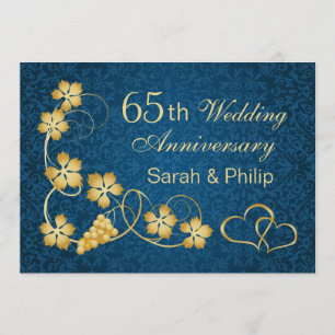 Gold leaves and joined hearts 65th Anniversary Invitation