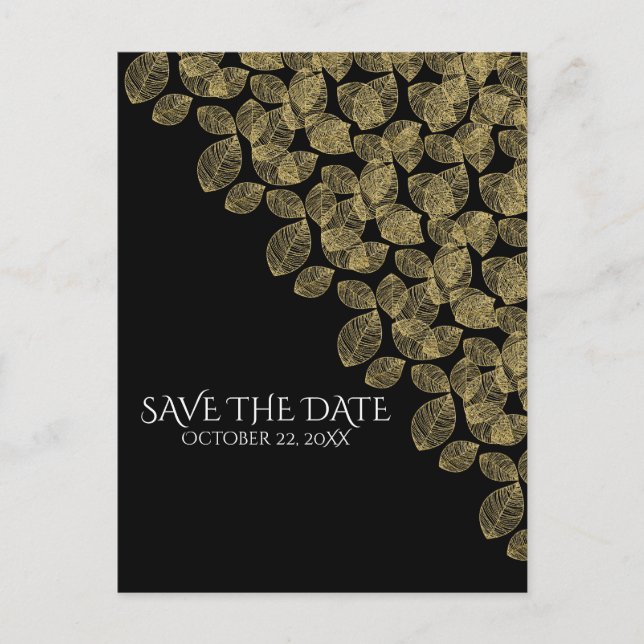 Gold Leaves Black Autumn Elegance Save the Date Announcement Postcard (Front)