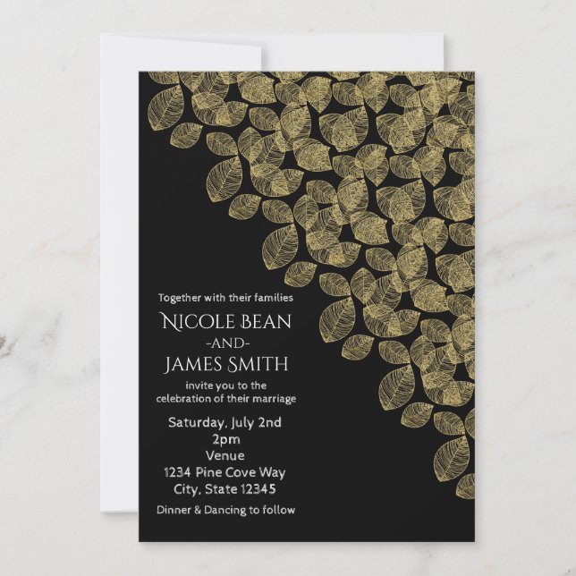 Gold Leaves Black Autumn Elegance Wedding Invitation (Front)