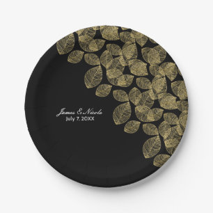 Gold Leaves Black Autumn Elegance Wedding Paper Plate