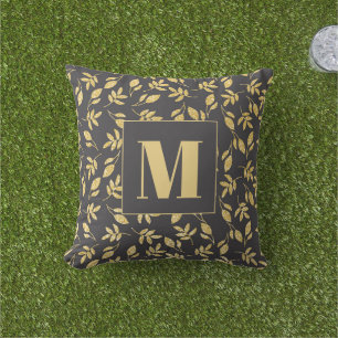 Gold Leaves Black Monogram Modern Stylish  Cushion